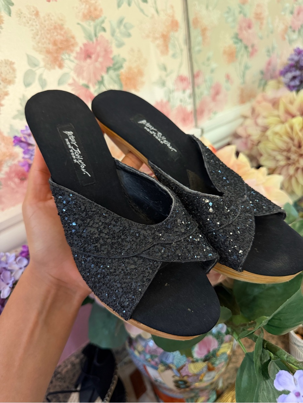 Vintage VBlack Glitter Slip-On Wedge Sandals by Bettye Muller